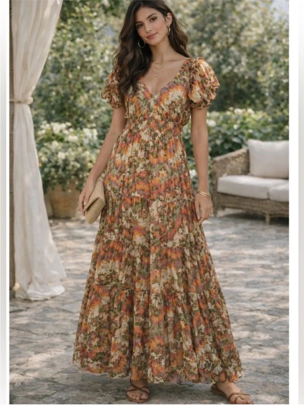 Caroline Constas Nancy Maxi Dress Size Medium Autumn Floral Smocked Puff Sleeve